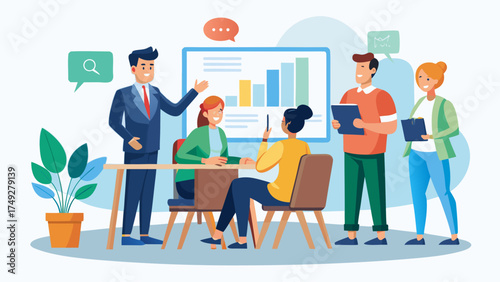 A group of people are sitting around a table with a large screen in front of them. They are all smiling and seem to be having a good time. Concept of teamwork and collaboration