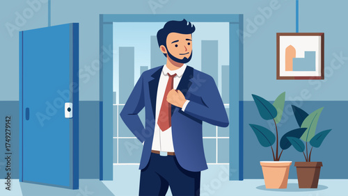 A man in a suit is standing in front of a door, adjusting his tie. The scene is set in a room with a potted plant and a picture on the wall. The man is in a professional setting