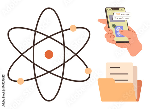 Atomic model, hand holding smartphone for 2FA code, and file folder represent technology, authentication, science, data security, knowledge sharing, storage innovation. Modern flat metaphor