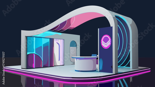 A large, curved structure with a blue and pink interior. The structure is designed to look like a futuristic space station