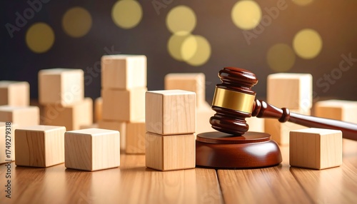 Wooden blocks and gavel on a table. Bokeh background