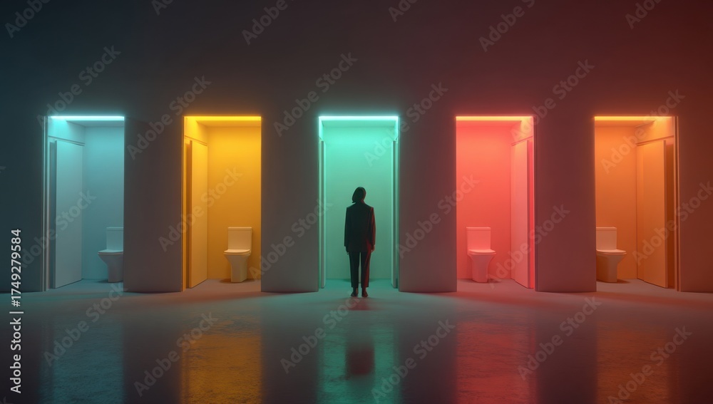 Fototapeta premium An individual stands before vividly illuminated restroom doorways. Different colored lights adorn the frames