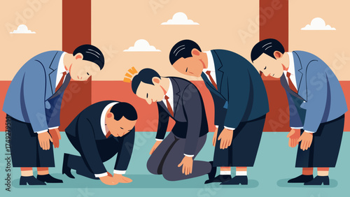 A group of men are kneeling on the ground, one of them is crying. Scene is sad and serious