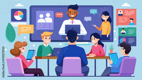 A group of people are sitting around a table with a large screen in front of them. The screen is showing a video conference with people on it. Scene is professional and collaborative