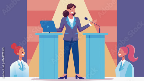 A woman is standing in front of two podiums and is speaking. She is smiling and she is giving a speech