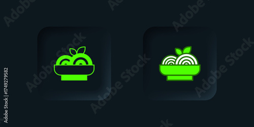 Green Pasta spaghetti icon isolated on black background. Italian restaurant. Black square button. Vector