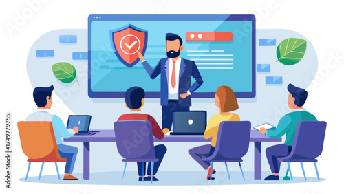A man is giving a presentation to a group of people in a conference room. The man is pointing to a screen that says "Security" and is holding a red shield. The people in the room are sitting in chairs