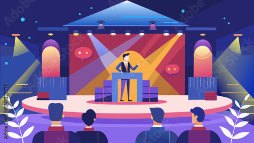 A man stands on a stage in front of a crowd of people. The stage is lit up with bright lights and the man is speaking into a microphone