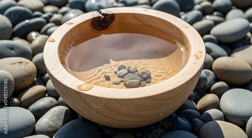 Natural harmony: Wooden bowl filled with water and pebbles amidst a serene rocky beach setting