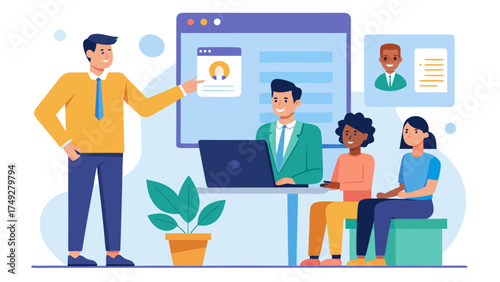 A man is teaching a group of people in a classroom. The man is wearing a yellow shirt and a tie. The people are sitting at a table with a laptop. There is a potted plant in the room