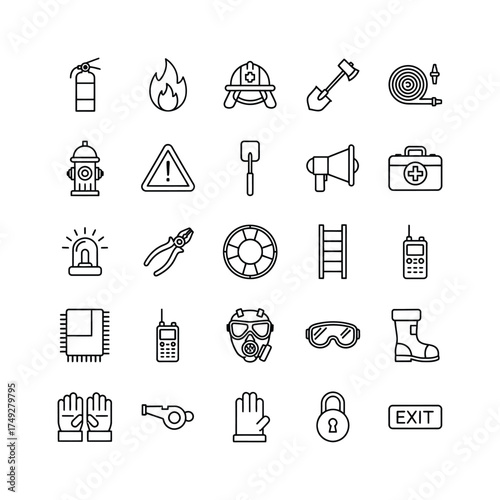 Fire safety equipment icons representing emergency response and protection.