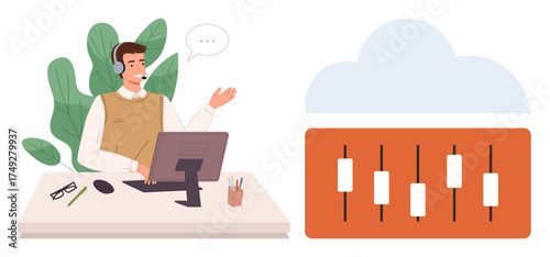 Customer service representative wearing a headset at a desk, speaking to a client next to him, a candlestick chart symbolizing analytics, stock market, or technical support. Ideal for communication