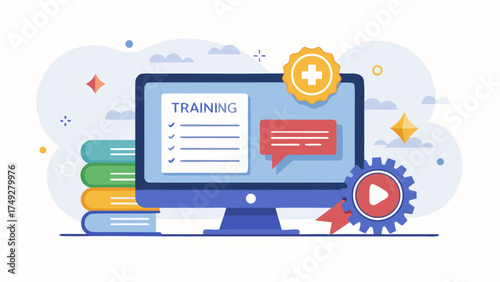 A computer monitor with a training list on it. The monitor is on a desk with a stack of books behind it