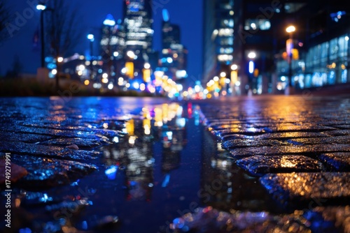 Wallpaper Mural City street view at night, showcasing reflections in puddles and illuminated buildings Torontodigital.ca