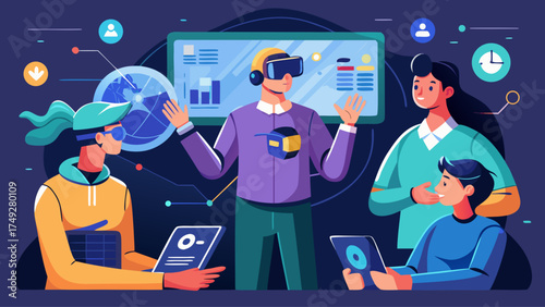 A group of people are working together in a virtual reality environment. They are all wearing headsets and holding devices. Scene is collaborative and focused