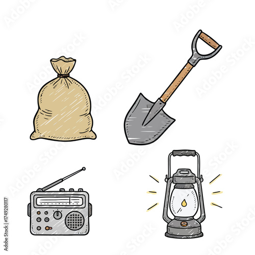 Survival Gear - Bag, Shovel, Radio, and Lantern Illustration.