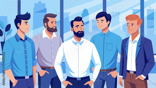 A group of men are standing in a room, one of them is wearing a suit. Scene is professional and serious