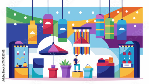 A colorful store with a man holding a cell phone. The store is filled with various items, including a potted plant, umbrellas, and a few bottles. The atmosphere is lively and bustling