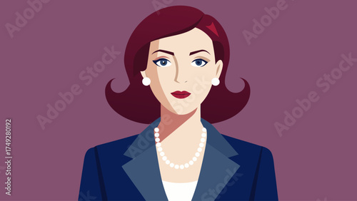 A woman with a pearl necklace and a blue jacket. She is wearing a red lipstick