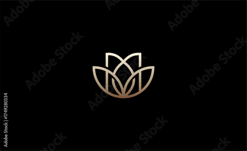 Luxury Logo Lotus or Tulip Flower With Letter M. Nature, Feminine and Beauty with Gold Colour Creative Template. Glamour, Modern and Minimalist Concept