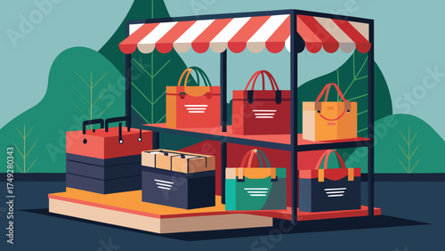 A colorful display of bags and boxes in front of a green tree. The bags are of different colors and sizes, and the boxes are stacked on top of each other. The scene gives off a cheerful