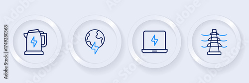 Set line Electric tower line, Laptop, Global planet with thunderbolt and kettle icon. Vector