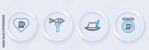 Set line Street signboard with beer, Oktoberfest hat, Dried fish and Heart glass of icon. Vector