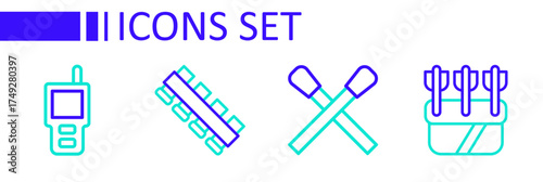 Set line Quiver with arrows, Burning match fire, Hunting cartridge belt and Walkie talkie icon. Vector