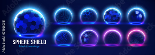 Medical hexagon shield and protective sphere with a 3D energy dome and force field for safety. Glowing blue bubble and abstract glass barrier with a futuristic cyber aesthetic. Science and technology.