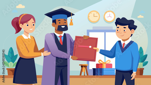 A man in a graduation gown is handing a certificate to a young man. The man is smiling and the young man is smiling back. The scene is set in a room with a clock on the wall