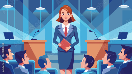 A woman is standing in front of a podium with a book in her hand. She is giving a speech to a group of people