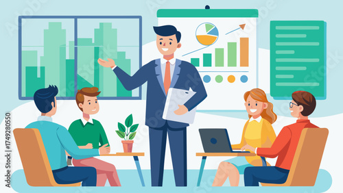 A man is giving a presentation to a group of people in a conference room. The man is standing in front of a large projection screen, and the group of people are seated around a table