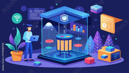 A man is standing in front of a building with a laptop. The building is a cube and has a lot of colorful objects inside. The man is looking at the laptop, possibly working or browsing the internet