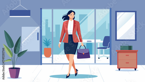 A woman in a business suit walks into a room with a large potted plant and a desk