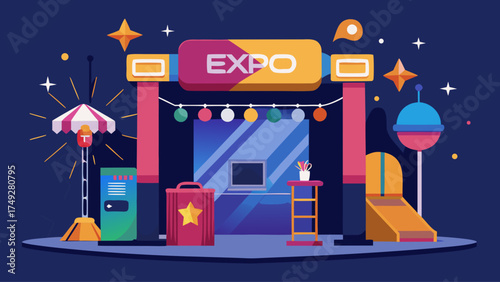 A colorful poster of a convention center with a sign that says Expo. The poster is filled with various objects such as a laptop, a suitcase, and a potted plant. Scene is lively and energetic