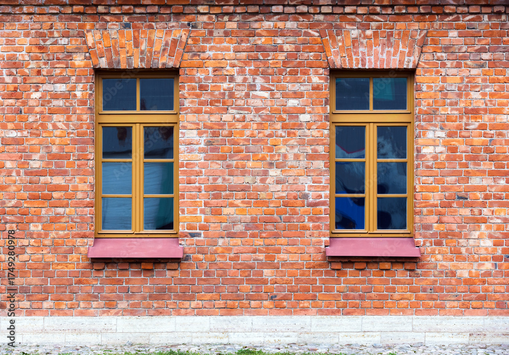 custom made wallpaper toronto digitalTwo windows with wooden frames set in a rustic red brick wall. Photo texture