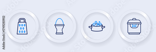 Set line Slow cooker, Cooking pot, Chicken egg on a stand and Grater icon. Vector