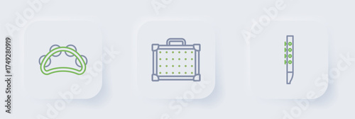 Set line Flute, Guitar amplifier and Tambourine icon. Vector