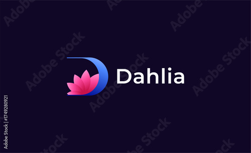 Colourful Gradient Logo Lotus or Tulip Flower With Letter D. Nature, Feminine and Beauty with Gradient Colourful Creative Template. Modern and Minimalist Concept