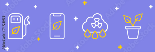 Set line Plant in pot, Acid rain radioactive cloud, Mobile phone with leaf and Petrol or gas station icon. Vector