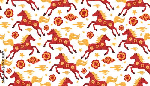 Running horses seamless pattern Chinese festive background