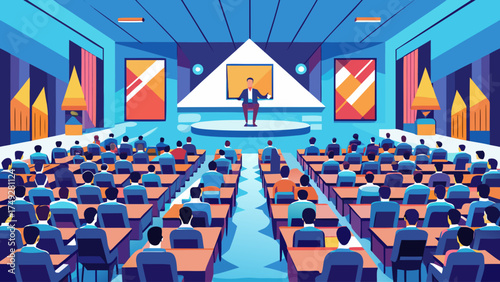 A man is giving a speech in front of a large audience. The audience is seated in rows of chairs, and the room is filled with people. The man is standing on a stage