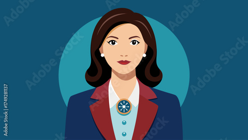 A woman in a blue and red suit with a blue and white shirt and a blue and white brooch