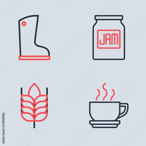 Set line Jam jar, Wheat, Coffee cup and Waterproof rubber boot icon. Vector