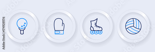 Set line Volleyball ball, Roller skate, Boxing glove and Golf on tee icon. Vector