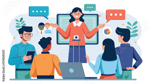 A group of people are gathered around a table with a woman giving a presentation. The woman is wearing a red shirt and is standing in front of a laptop