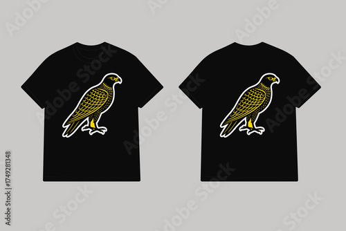 Yellow falcon linocut on black t shirt bird raptor