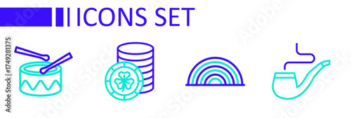 Set line Smoking pipe, Rainbow, Golden leprechaun coin and Drum with drum sticks icon. Vector