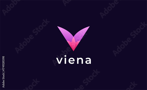 Colourful Gradient Logo Lotus or Tulip Flower With Letter V. Nature, Feminine and Beauty with Gradient Colourful Creative Template. Modern and Minimalist Concept