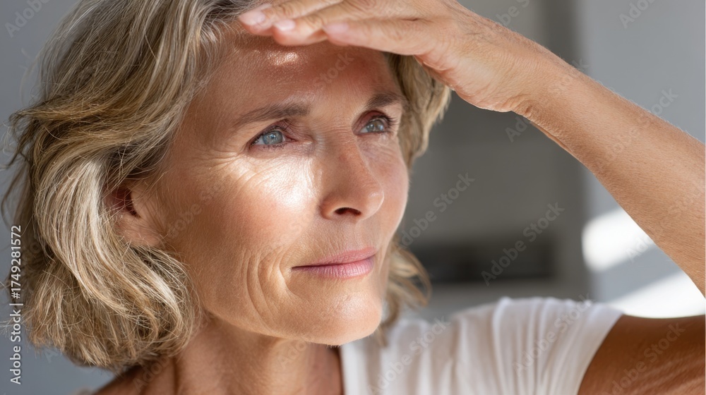 Naklejka premium Close-up of a mature woman shielding her eyes from the bright sunlight, looking hopefully upwards.